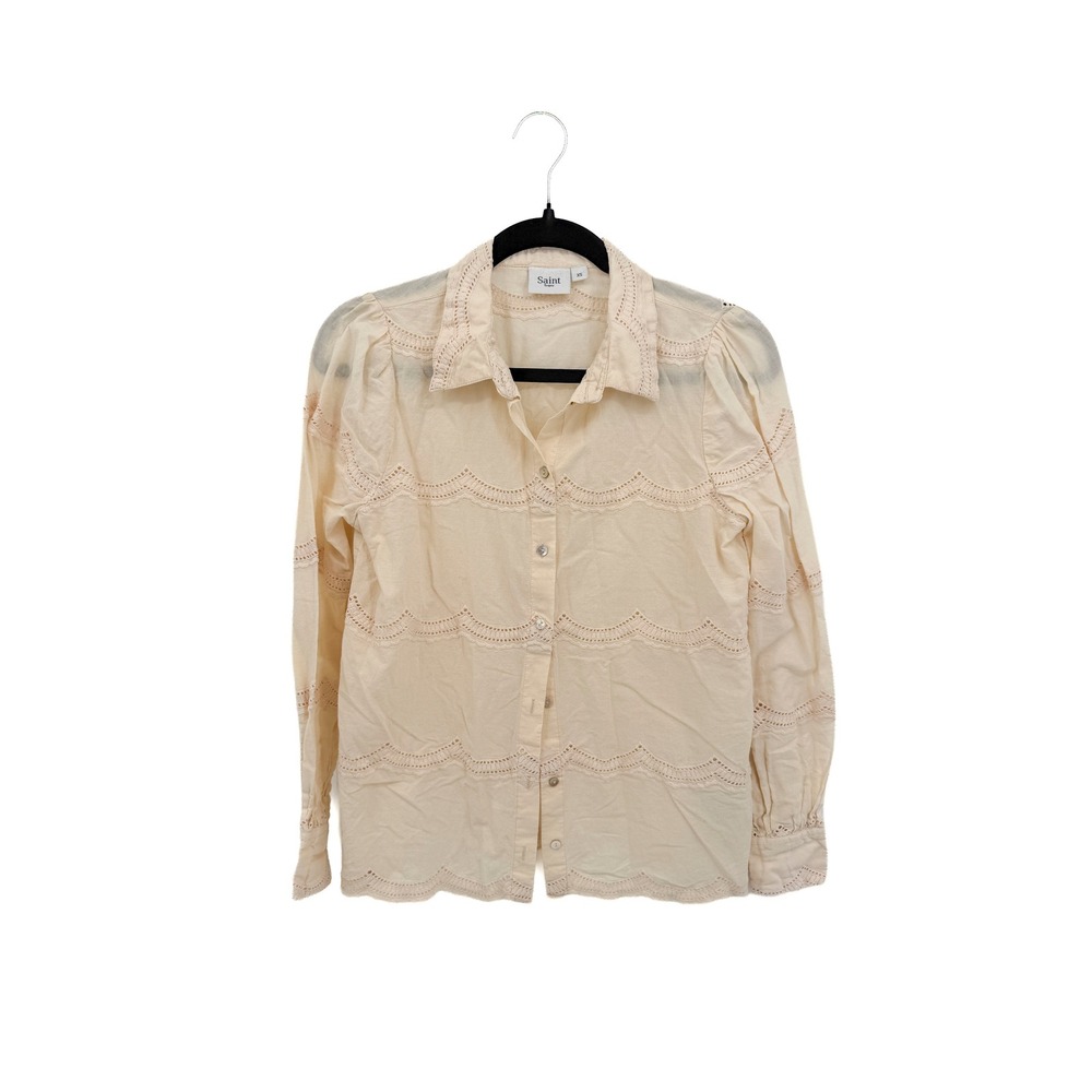 Saint Tropez Shirt Women XS Cream Eyelet Lace Scalloped Boho Blouse